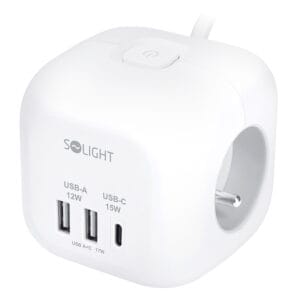 Solight 3z + USB A+C predlžovací prívod - kocka, 2m, 3 x 1mm2, biely, vypínač